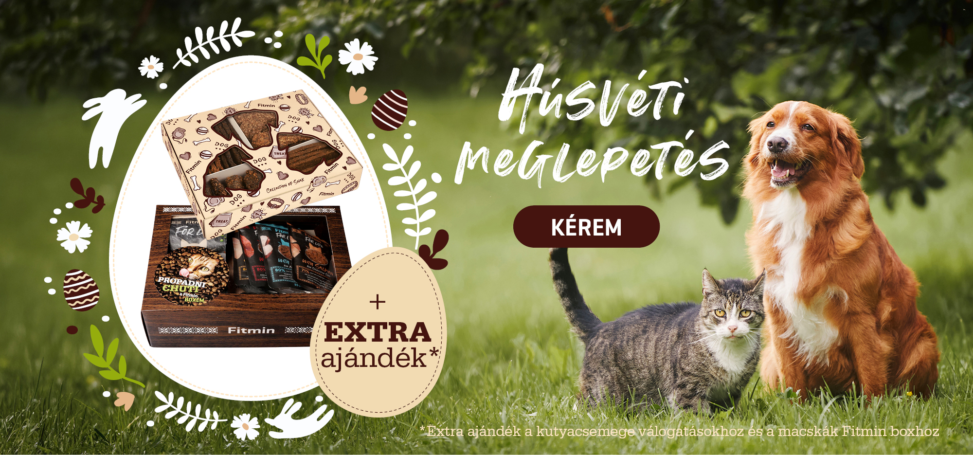 Fitmin húsvéti ajándékcsomag kutyáknak és macskáknak extra ajándékkal, kutya és macska a kertben