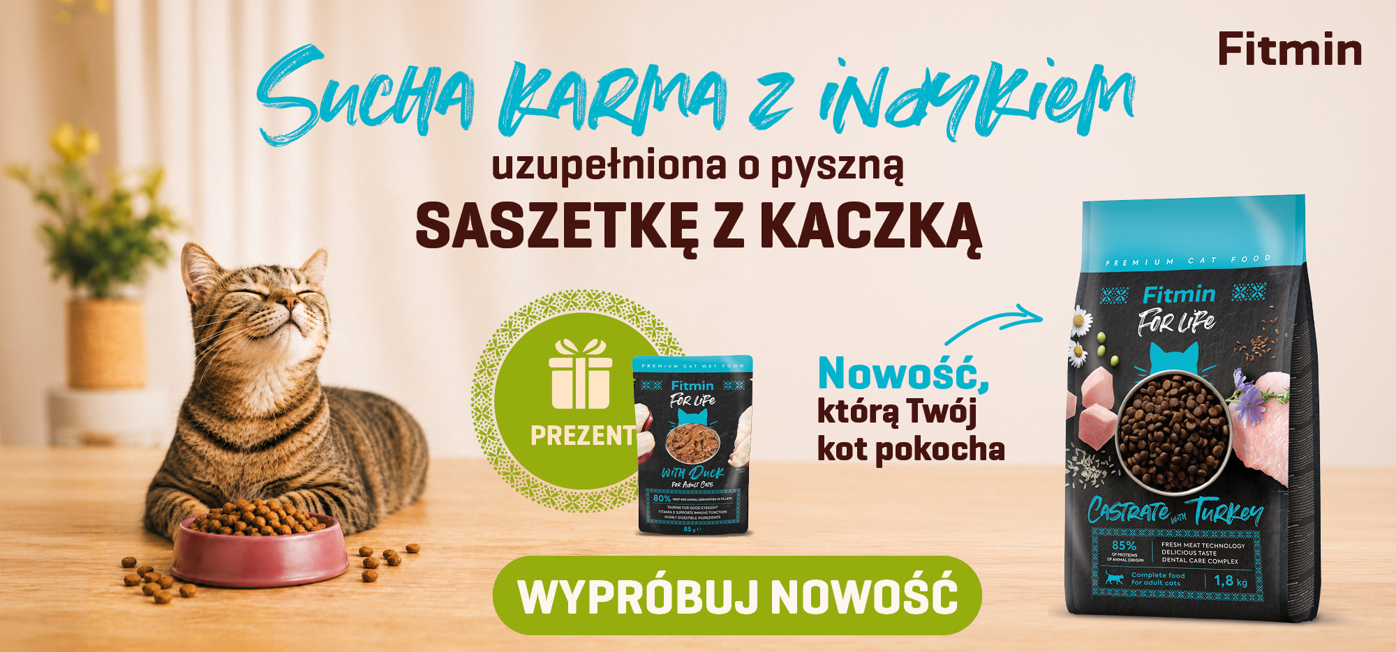 Sucha karma Fitmin For Life dla kotów z indykiem i saszetka z kaczką gratis – nowość dla dorosłych kotów.