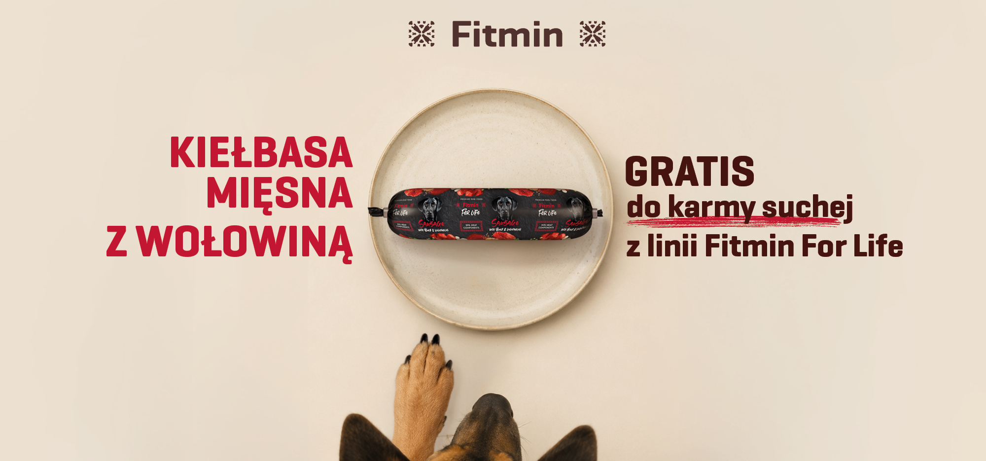 Kiełbasa mięsna z wołowiną gratis do suchej karmy dla psów Fitmin For Life.