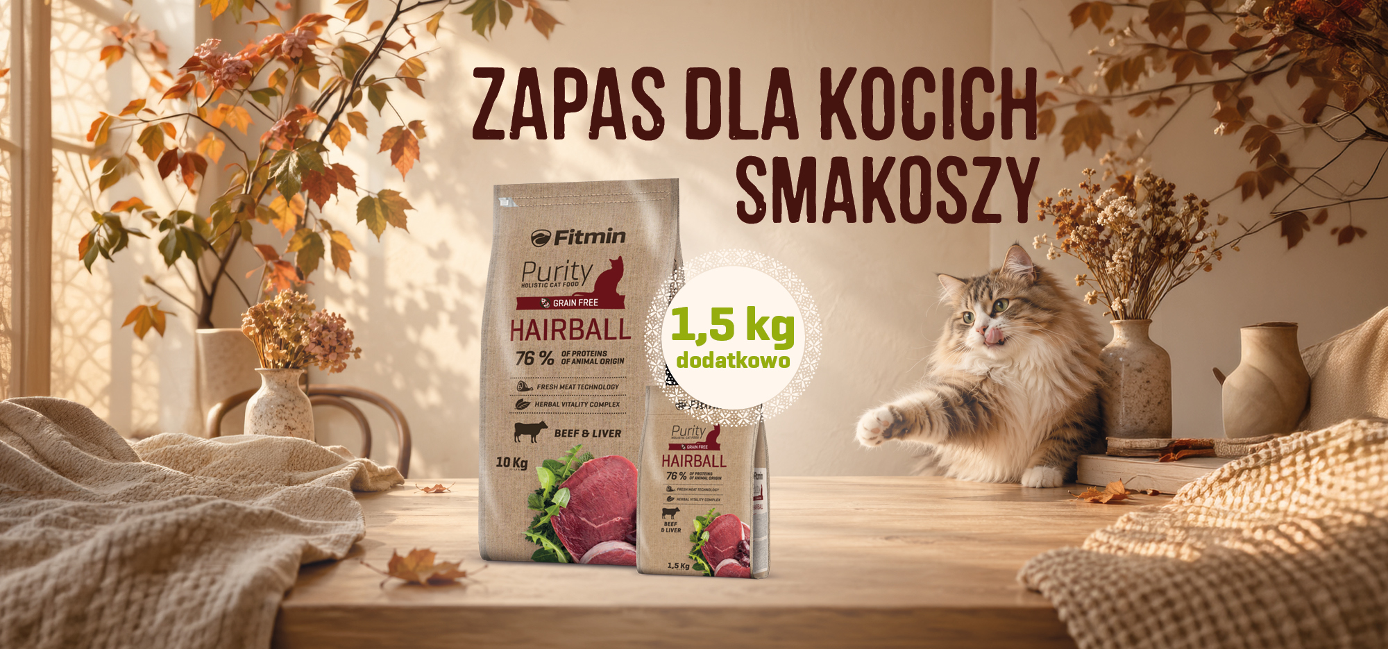 Fitmin Purity Hairball Grain Free – karma dla kotów z wołowiną i wątróbką, 10 kg + dodatkowe 1,5 kg