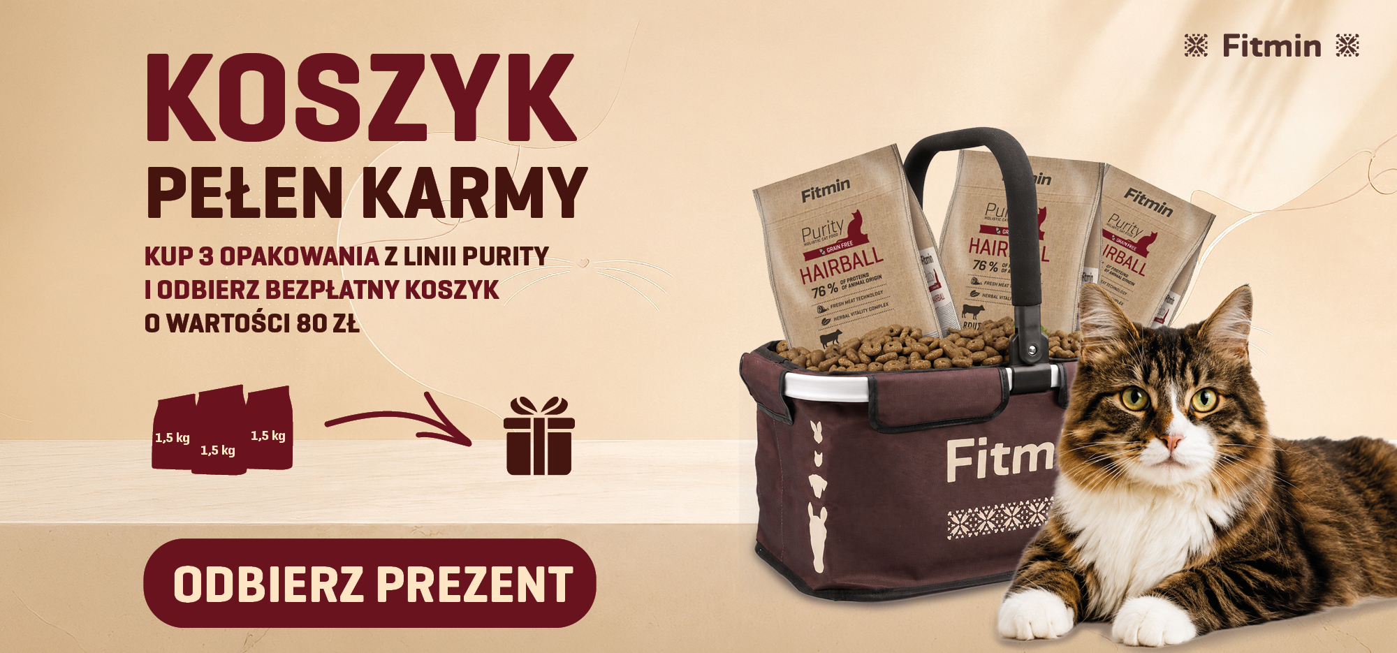 Promocja Fitmin Purity dla kotów – kup 3 opakowania karmy 1,5 kg i odbierz koszyk gratis o wartości 80 zł.