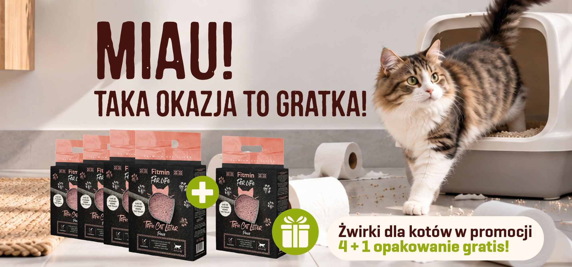 Żwirek tofu dla kota Fitmin For Life o zapachu brzoskwini w promocji 4+1 gratis – kup 4 opakowania i odbierz 1 opakowanie gratis.