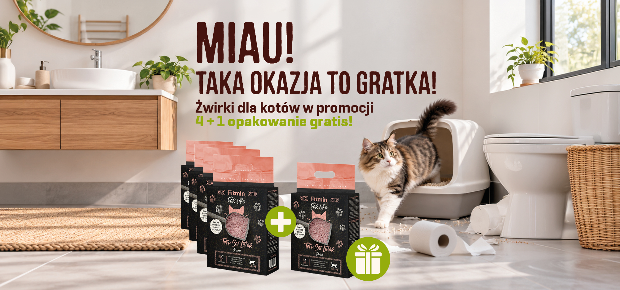 Żwirek tofu dla kota Fitmin For Life o zapachu brzoskwini w promocji 4+1 gratis – kup 4 opakowania i odbierz 1 opakowanie gratis.