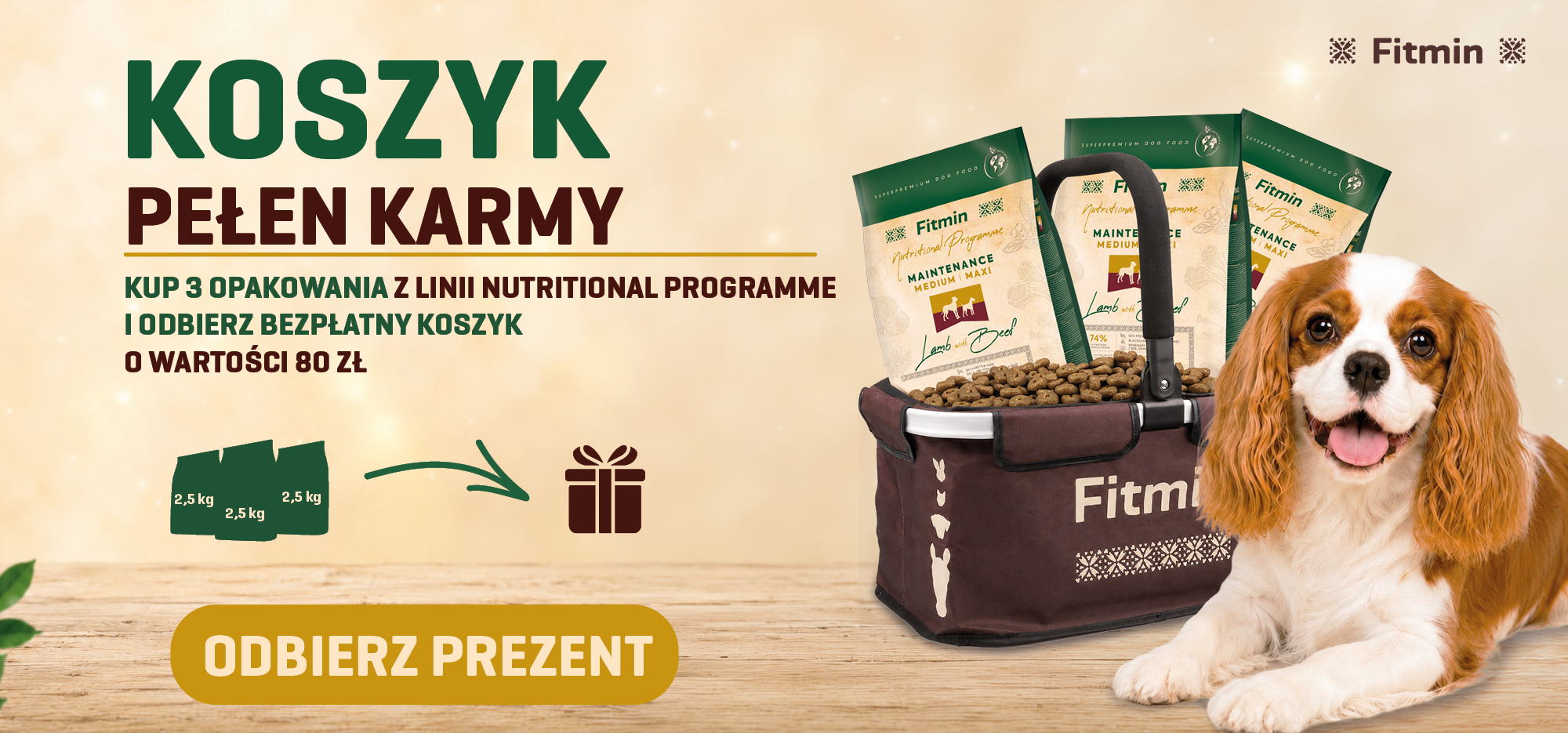 Promocja Fitmin Nutritional Programme dla psów – kup 3 opakowania karmy 2,5 kg i odbierz koszyk gratis o wartości 80 zł.