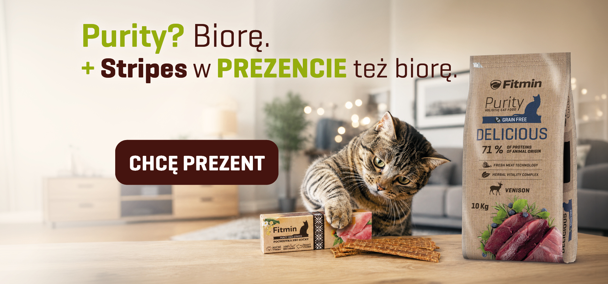 Kup suchą karmę Fitmin Purity dla kotów i odbierz opakowanie przysmaków Stripes gratis!