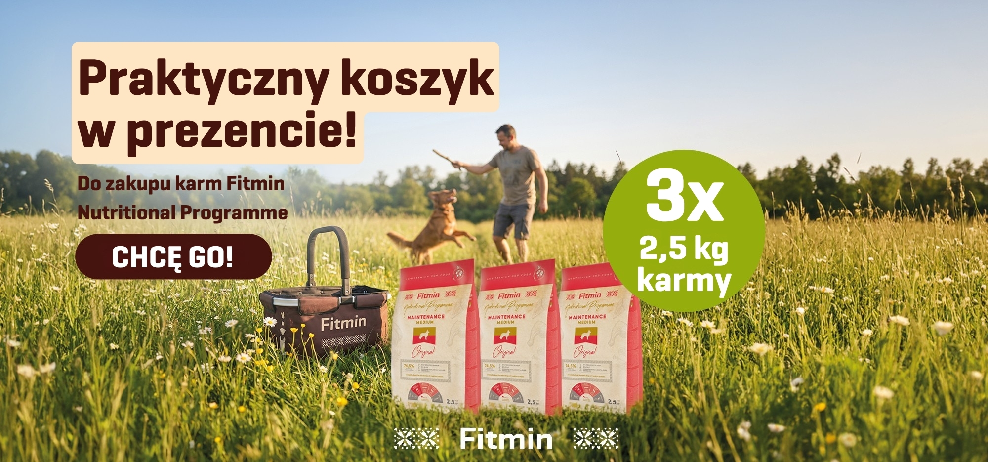 Promocja Fitmin Nutritional Programme dla psów – kup 3 opakowania karmy 2,5 kg i odbierz koszyk gratis o wartości 80 zł.