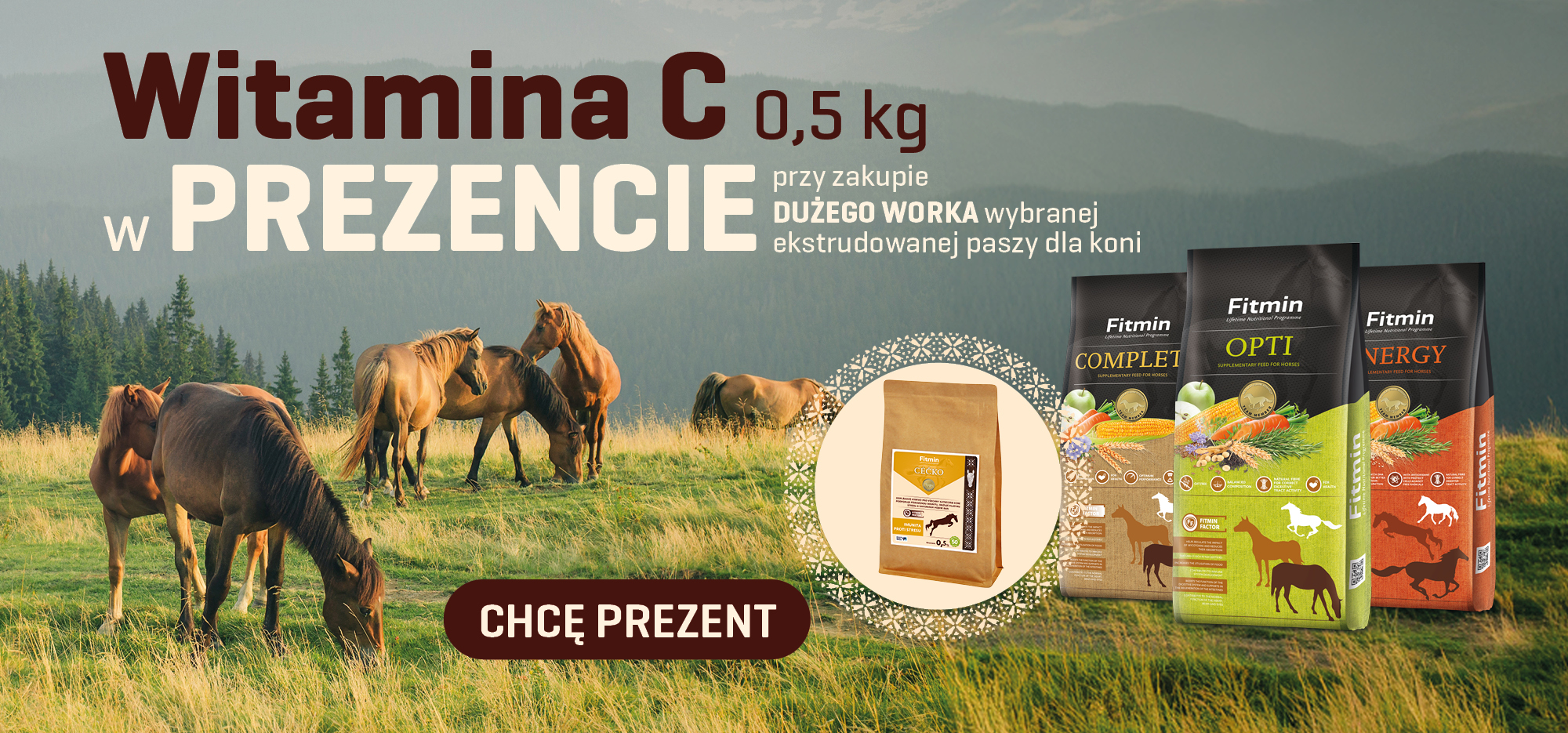 Kup duży worek wybranej paszy Fitmin i odbierz 0,5 kg witaminy C dla koni gratis!