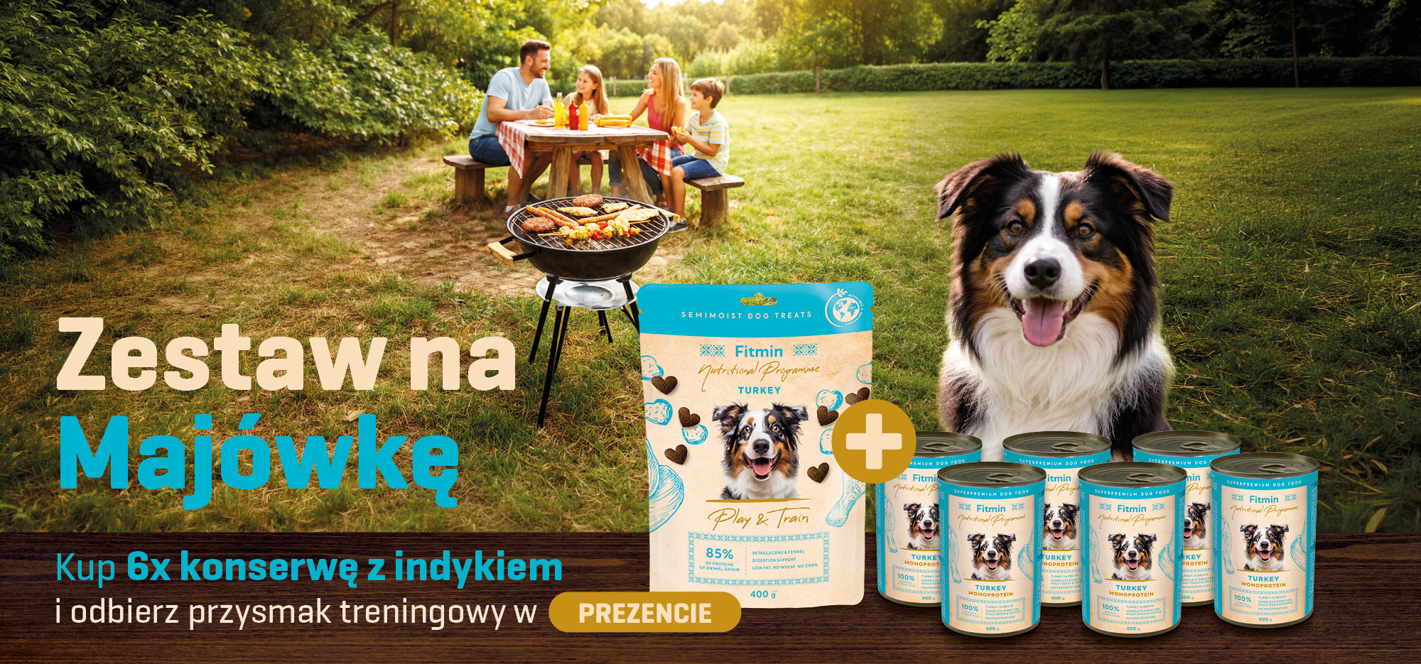 Zestaw na Majówkę Fitmin – kup 6 konserw z indykiem dla psa i odbierz przysmak treningowy gratis.