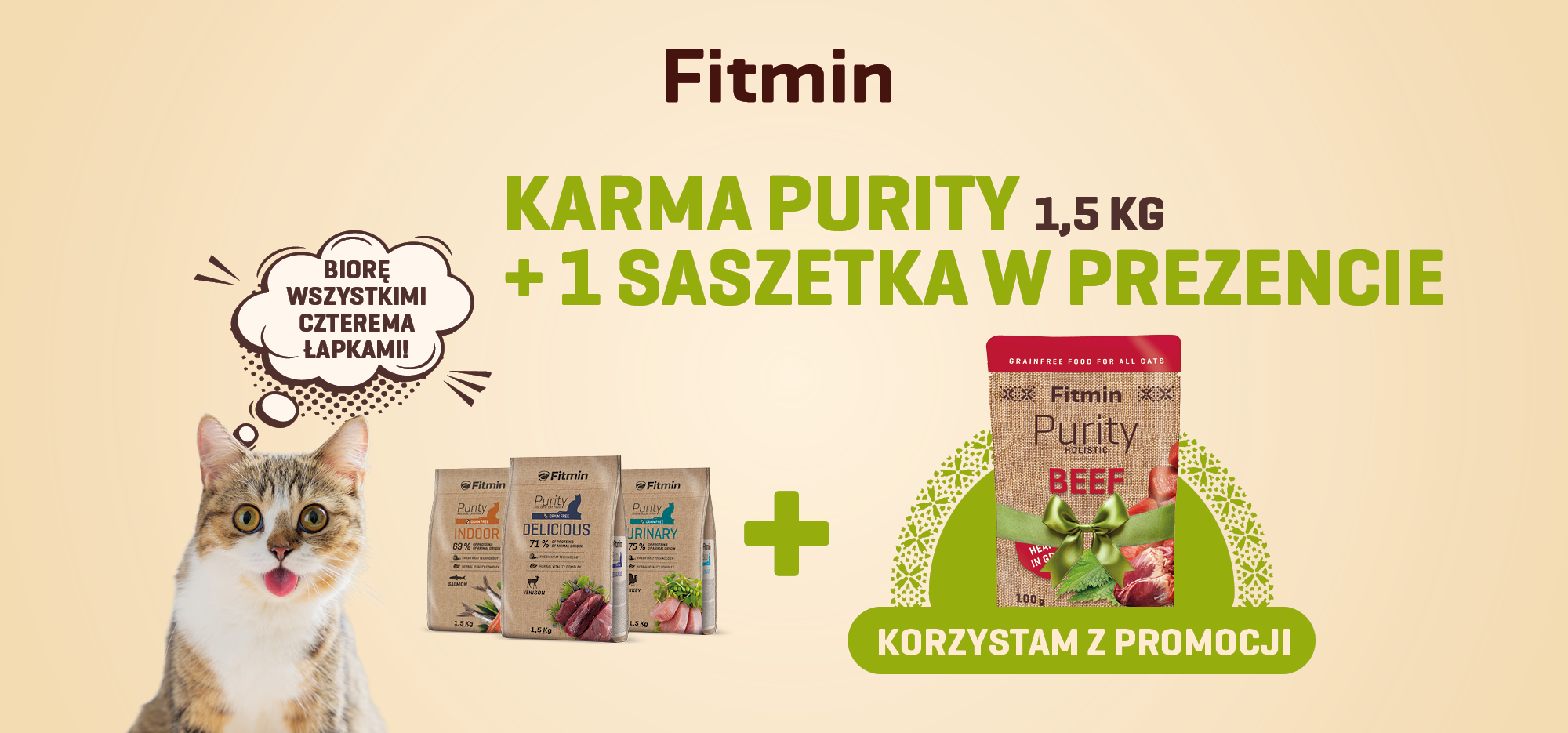 Fitmin Purity sucha karma dla kota 1,5 kg w promocji z saszetką wołową gratis.