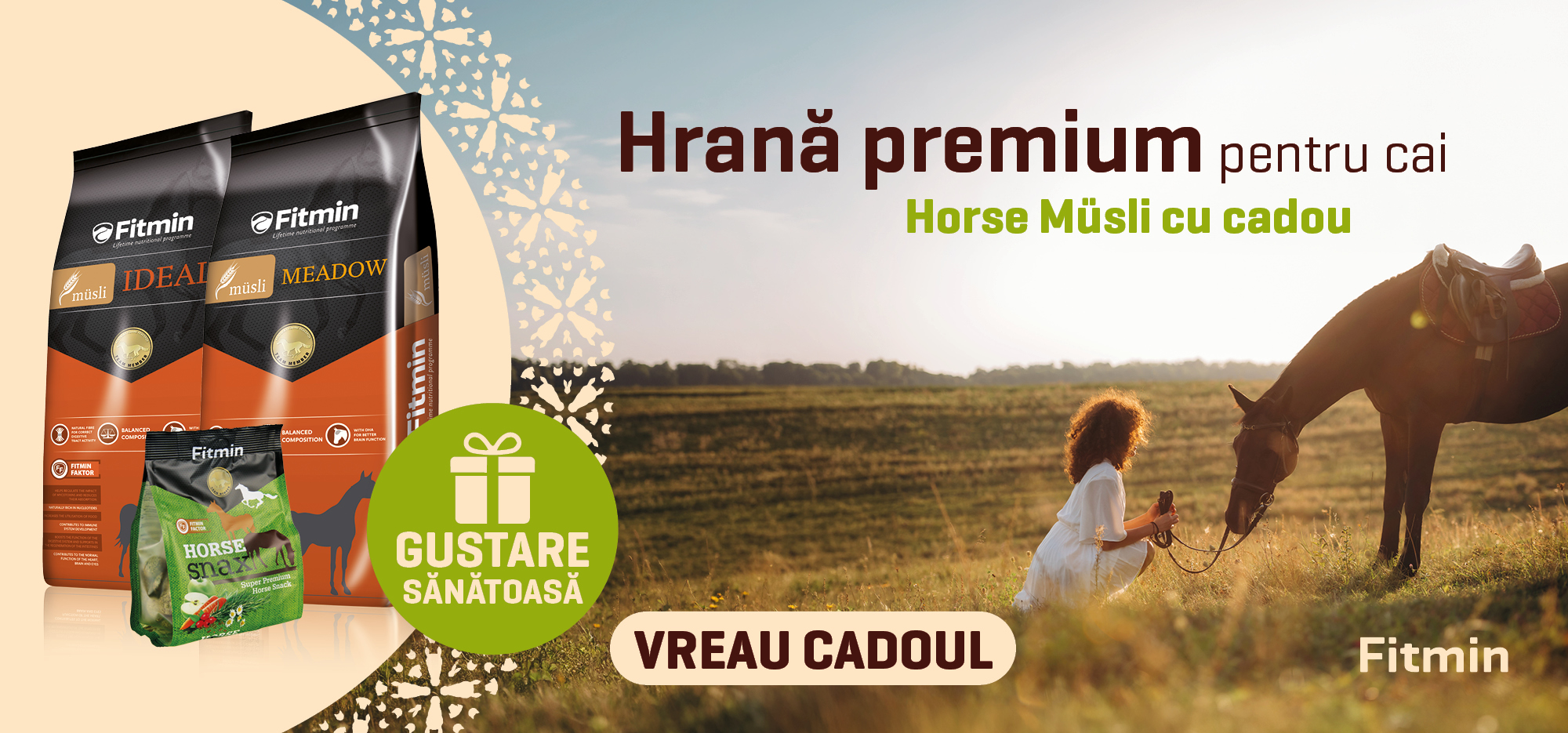 Fitmin hrană premium pentru cai în promoție cu Horse Müsli cadou.