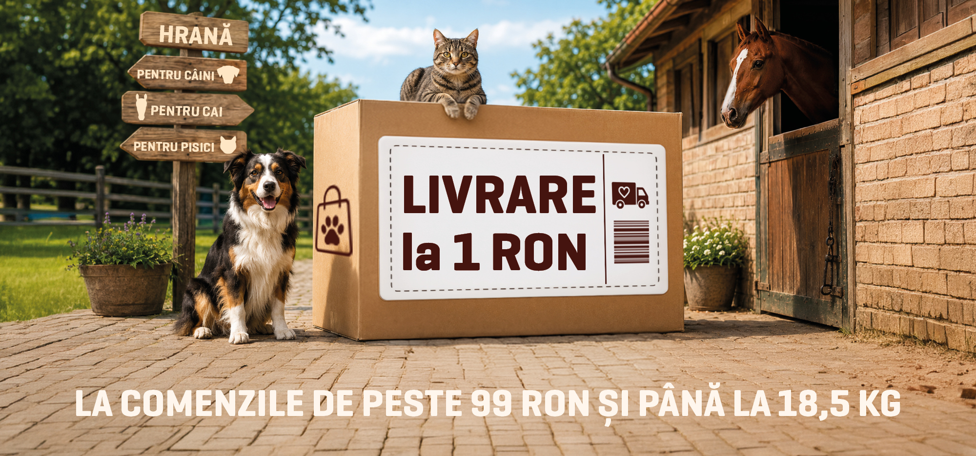 Livrare Fitmin la doar 1 leu pentru comenzi de peste 99 lei, cu greutatea de până la 18,5 kg – hrană pentru câini, pisici și cai.