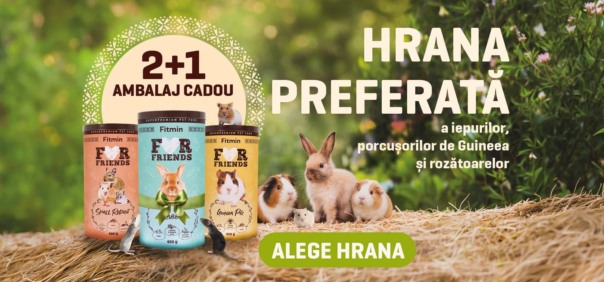 Hrană Fitmin For Friends pentru iepuri, porcușori de Guineea și rozătoare mici – promoție 2+1 pachet cadou