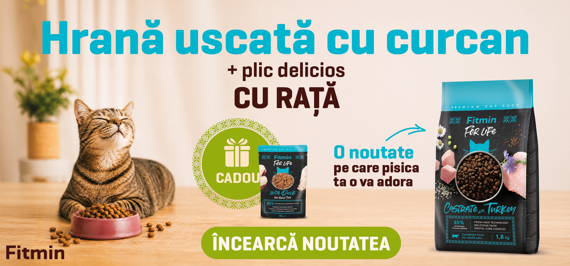 Fitmin For Life hrană uscată pentru pisici cu curcan – noutate cu plic delicios cu rață cadou.