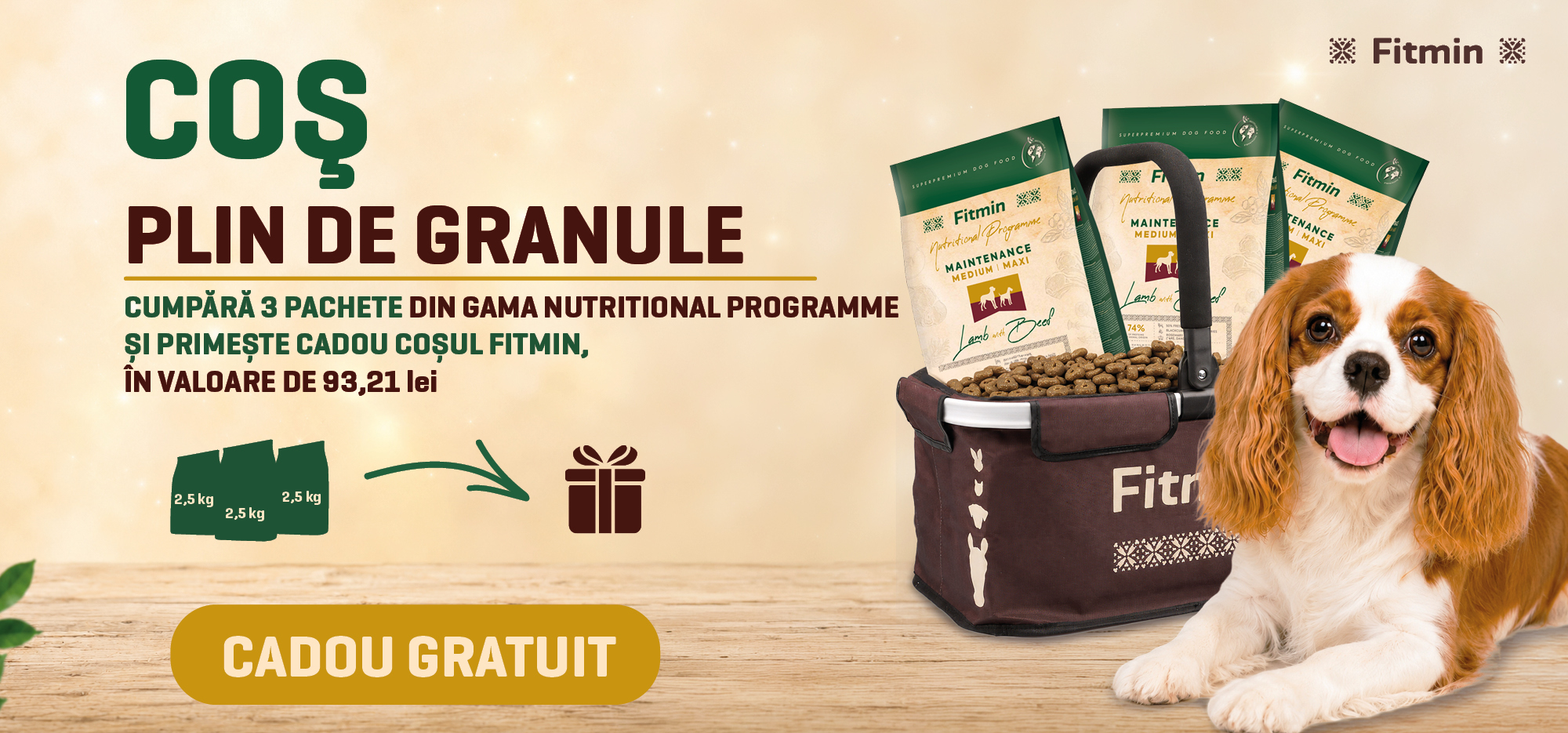 Promoție Fitmin Nutritional Programme pentru câini – cumpără 3× 2,5 kg hrană uscată și primești un coș cadou.