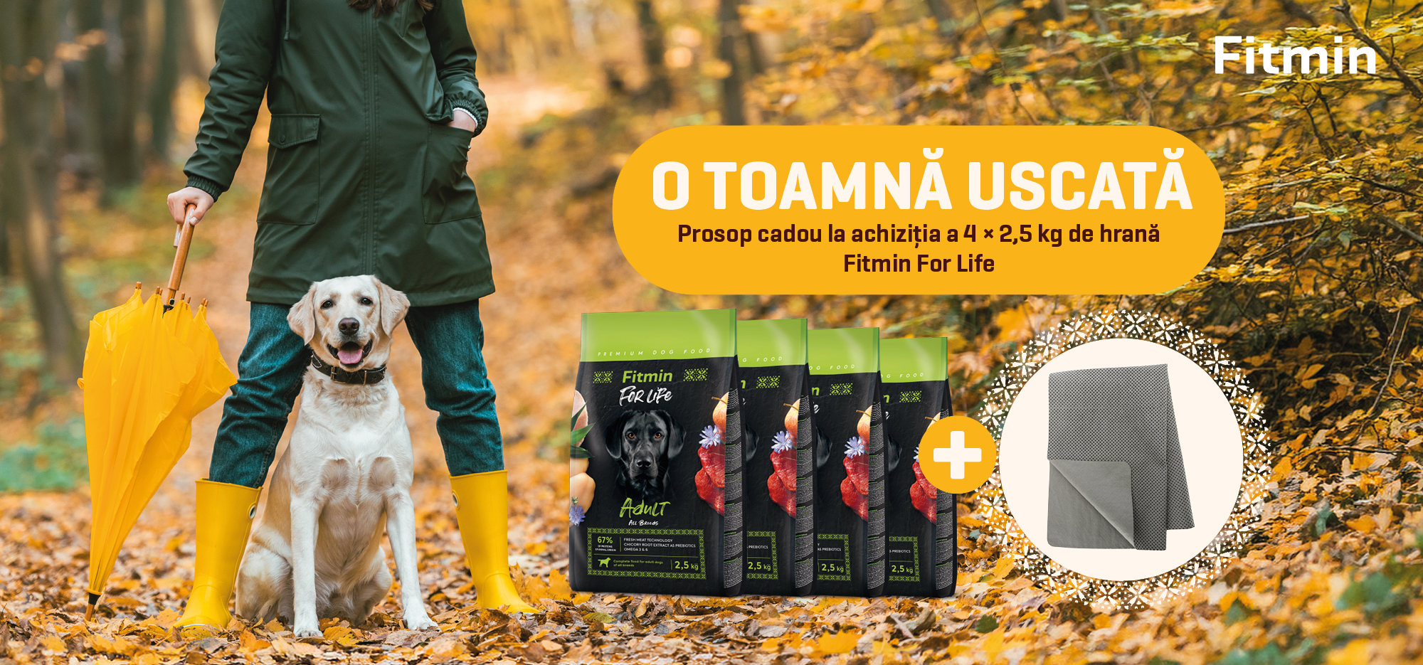 Hrană Fitmin For Life pentru câini – 4 × 2,5 kg cu prosop cadou, promoție de toamnă