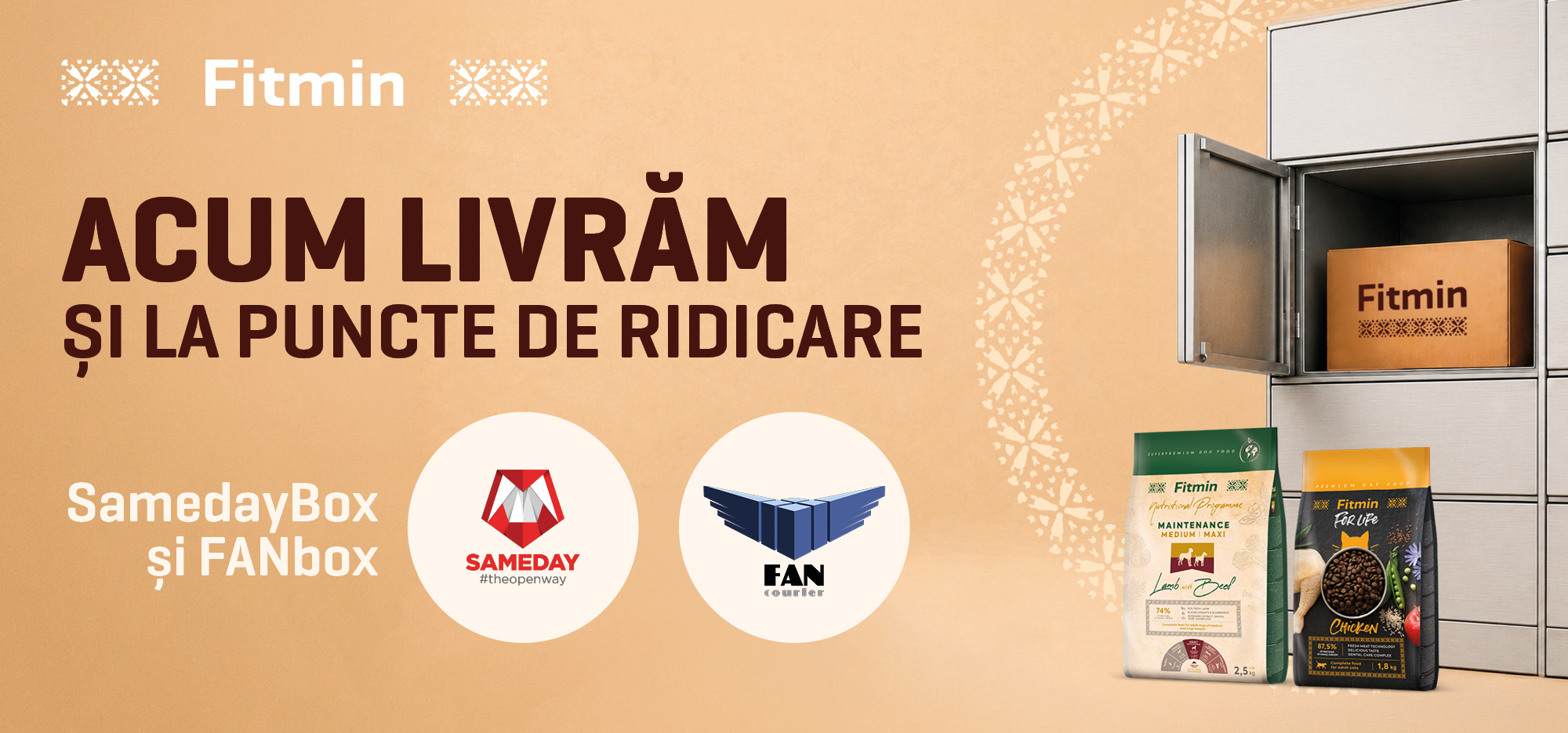 Livrare hrană Fitmin pentru câini și pisici la puncte de ridicare SamedayBox și FANbox.