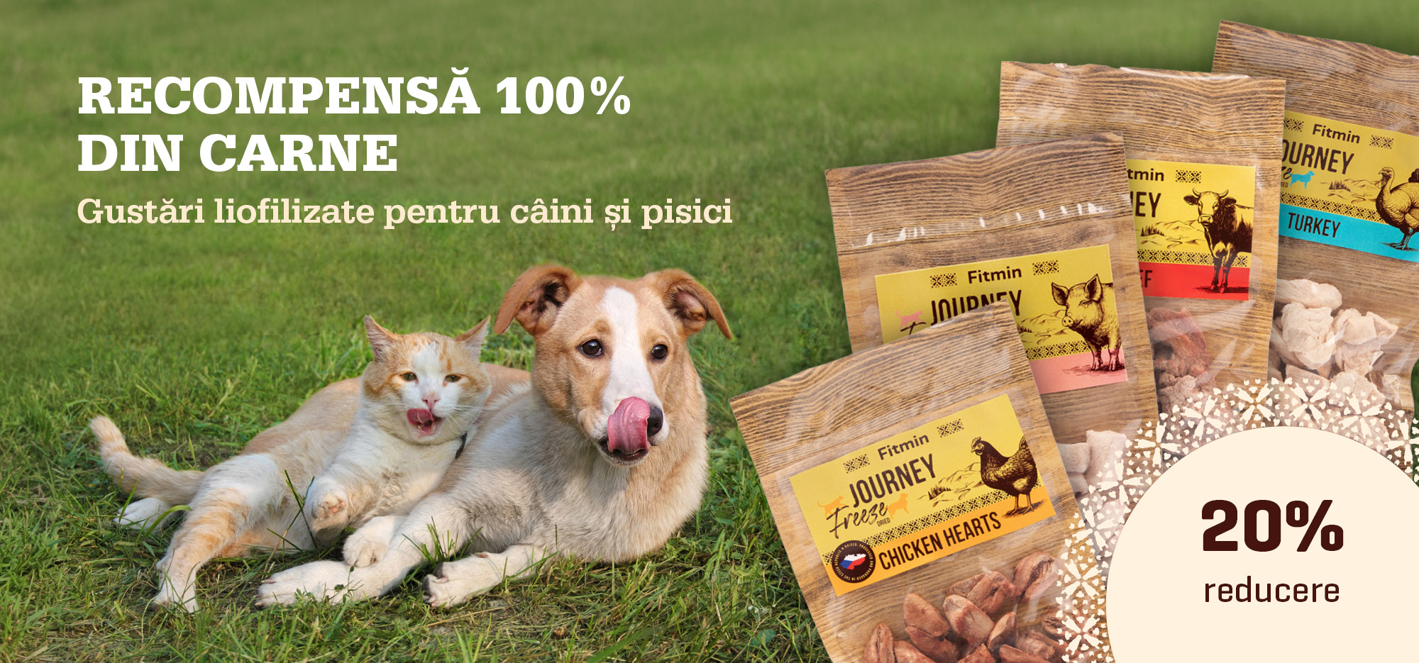 Recompensă Fitmin 100% din carne, gustări liofilizate pentru câini și pisici, câine și pisică pe iarbă cu pachete de snackuri și reducere 20%