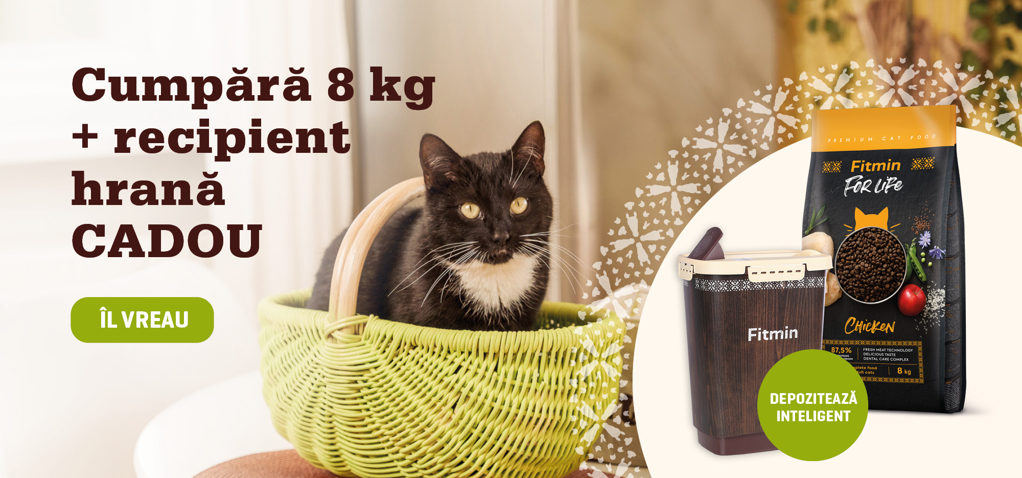 Hrană pentru pisici Fitmin 8 kg cu recipient pentru depozitare cadou, pisică în coș, depozitare inteligentă
