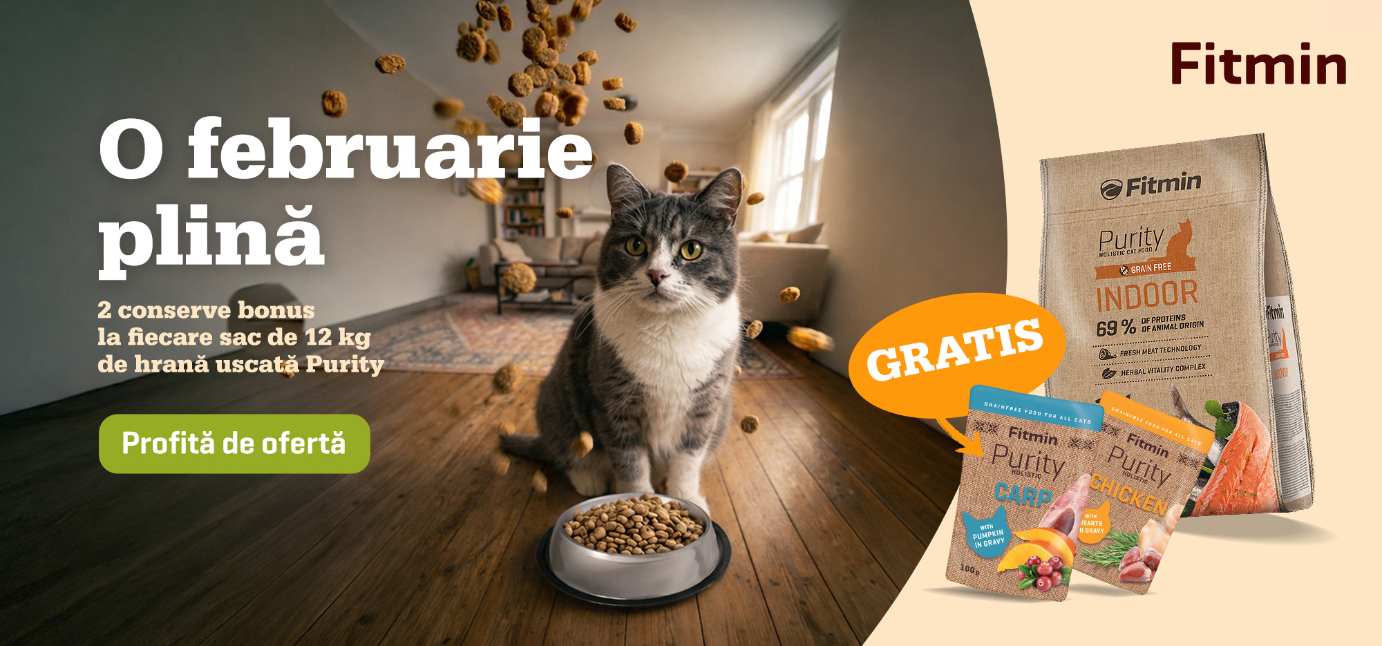 Promoție de iarnă Fitmin pentru pisici cu hrană Purity și plicuri cadou.