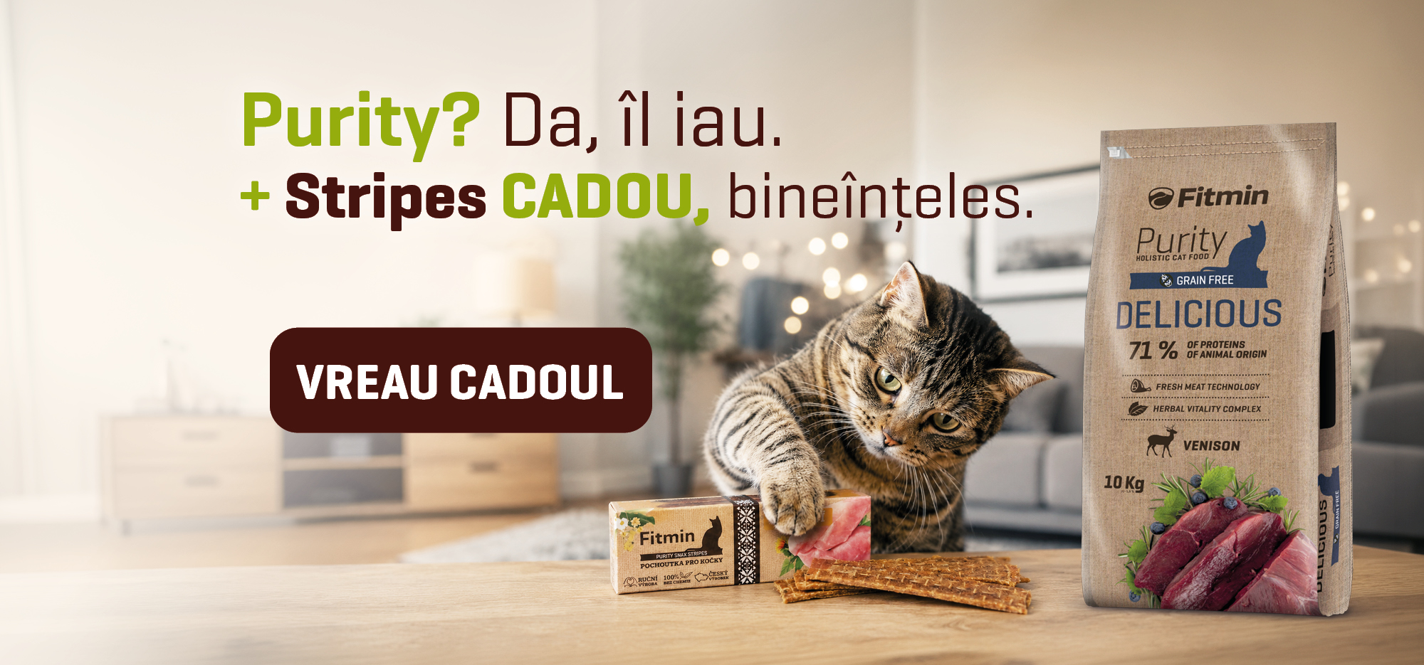 Vásárolj Fitmin Purity száraz macskaeledelt, és egy csomag Stripes jutalomfalatot adunk ajándékba!