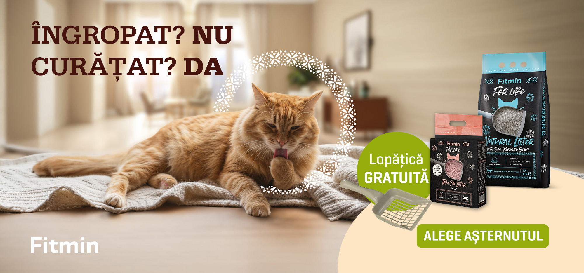 Nisip pentru pisici Fitmin – fără praf, ușor de curățat, cu lopățică gratuită, parfum proaspăt și control eficient al mirosurilor.