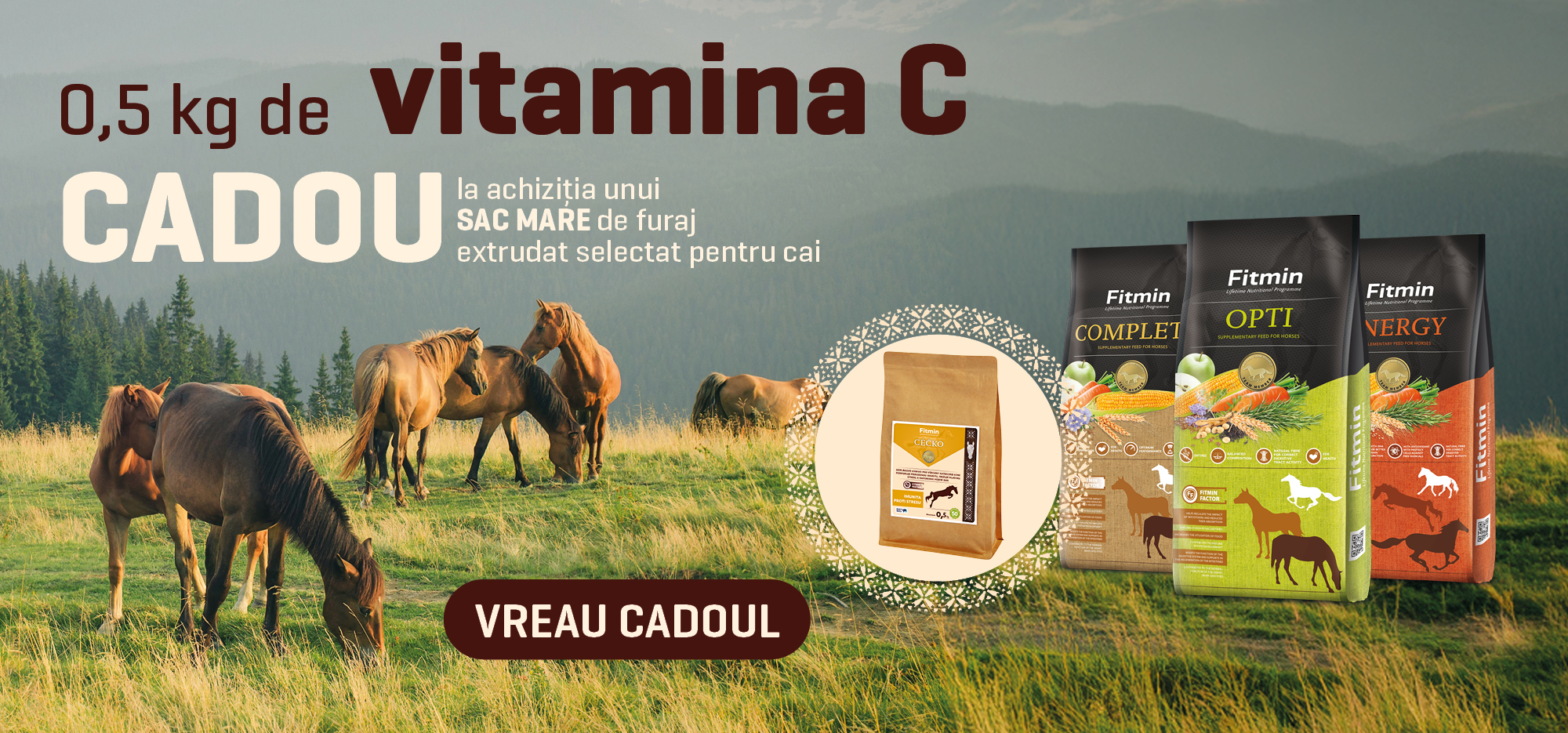 Cumpără un sac mare de furaj Fitmin selectat și primești 0,5 kg de vitamina C pentru cai cadou!
