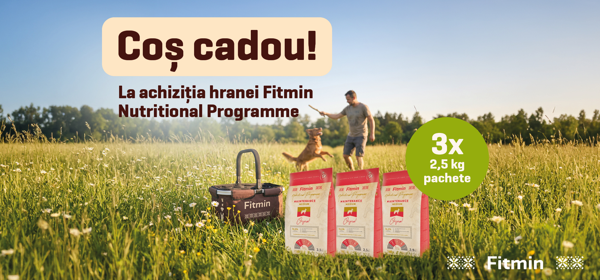 Promoție Fitmin Nutritional Programme pentru câini – cumpără 3× 2,5 kg hrană uscată și primești un coș cadou.