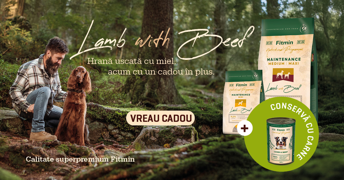 Hrană uscată Fitmin cu miel pentru câini, cu cadou conservă gratuită, câine și stăpân în natură, superpremium