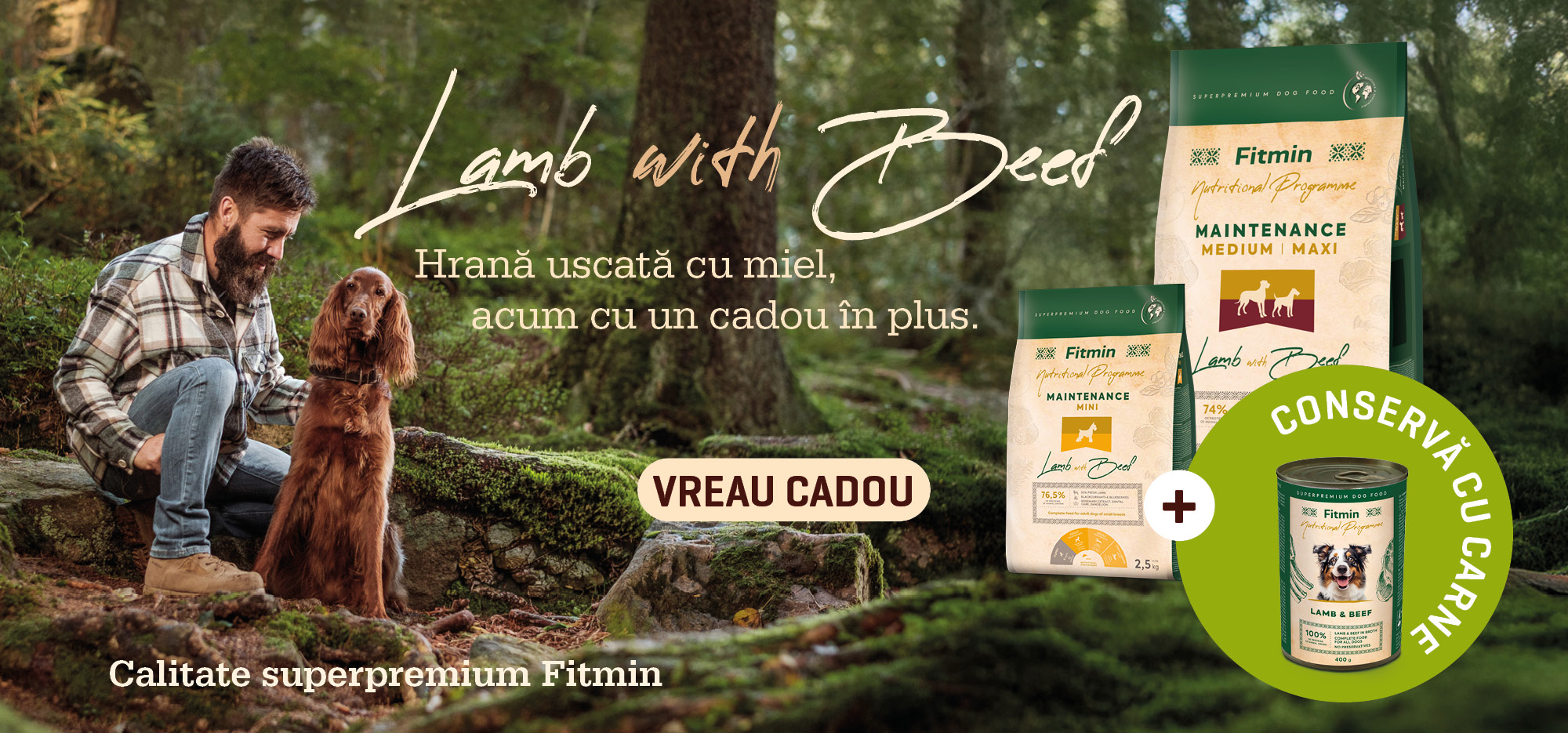 Hrană uscată Fitmin cu miel pentru câini, cu cadou conservă gratuită, câine și stăpân în natură, superpremium
