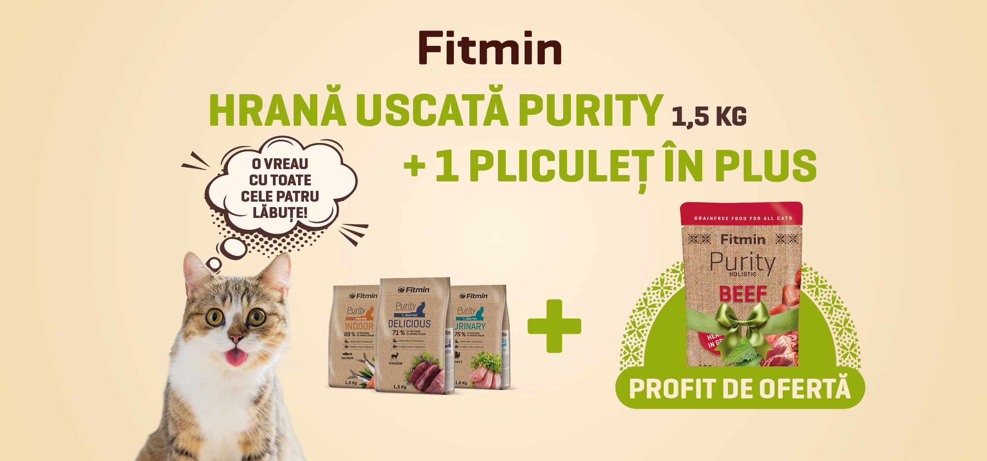 Fitmin Purity hrană uscată pentru pisici 1,5 kg în promoție cu pliculeț cu vită cadou.