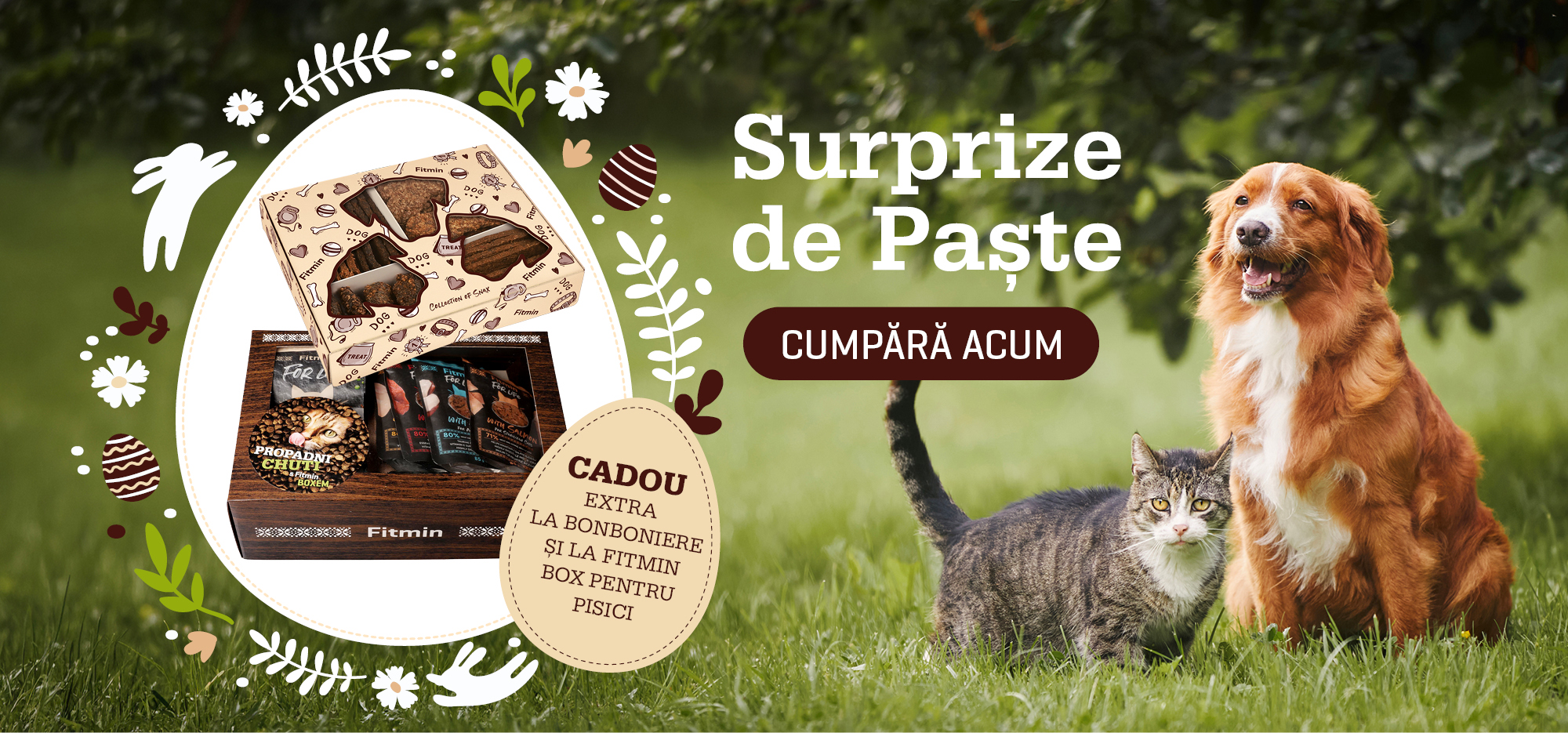 Pachet cadou de Paște Fitmin pentru câini și pisici, cu cadou suplimentar, câine și pisică în grădină