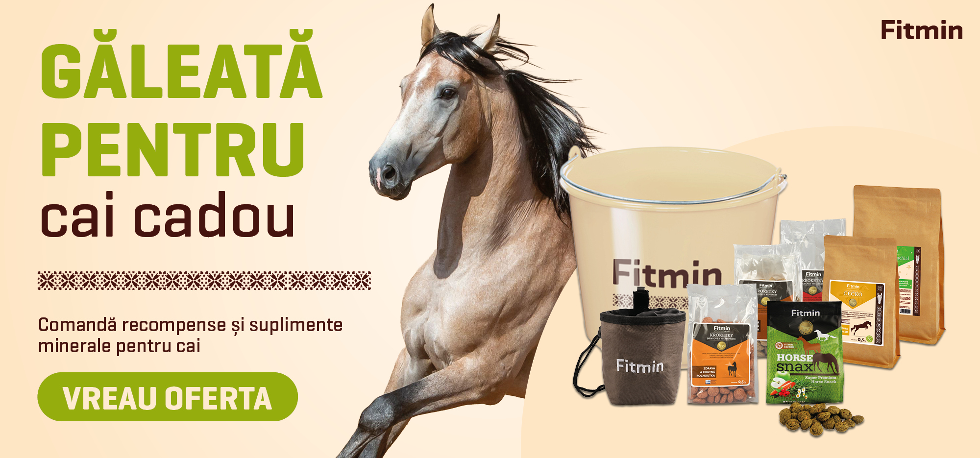 Cadou exclusiv Fitmin pentru tine și calul tău – delicatese, găleată și suplimente pentru cai.