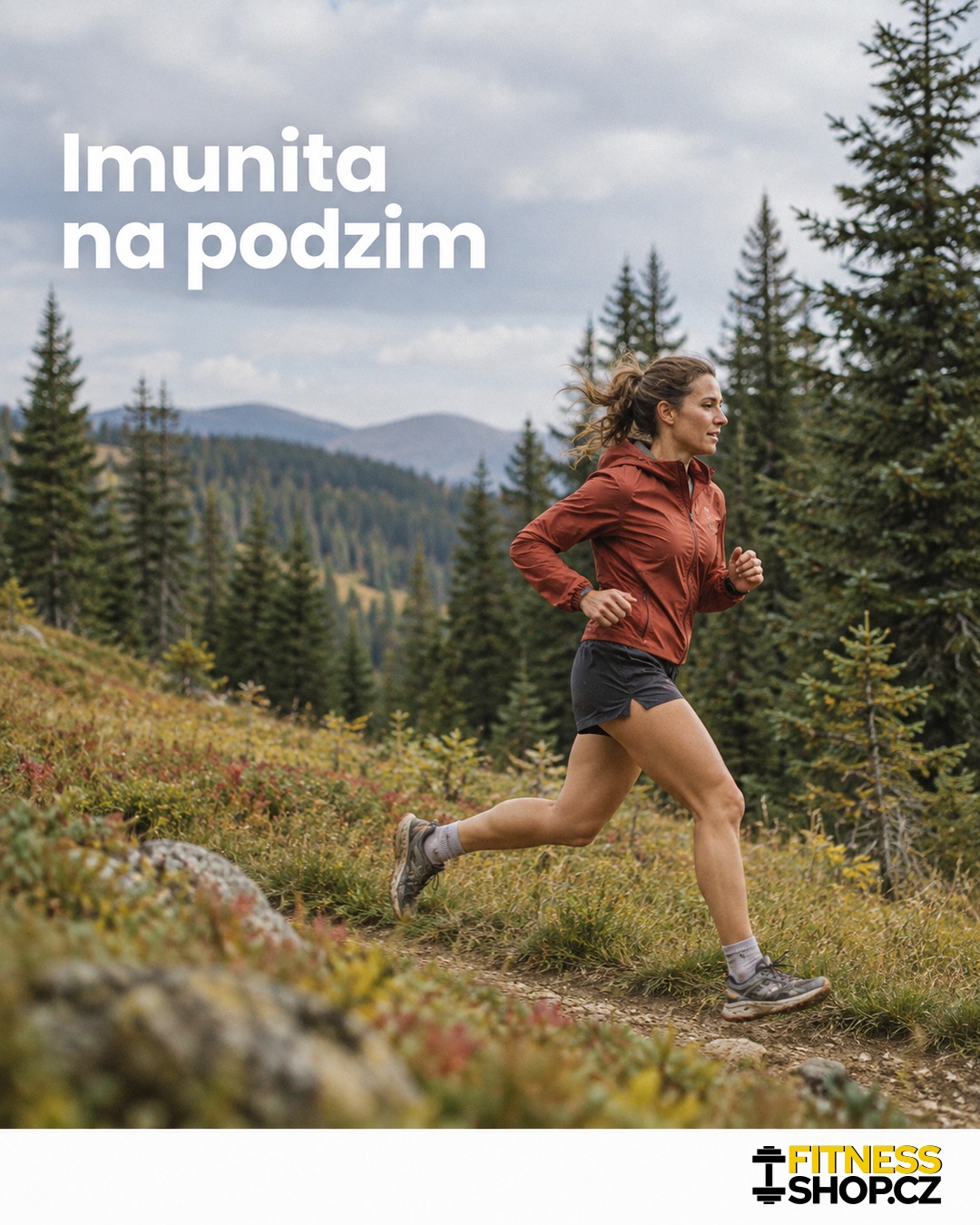 Podzim v pohybu: běžec v podzimním parku. Betaglukan a vitamíny C a D.