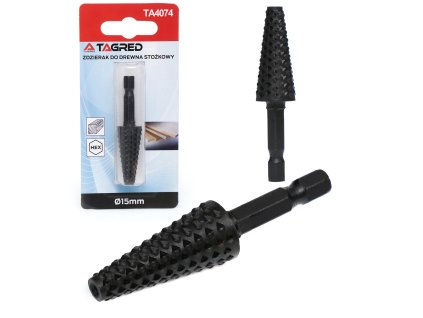 Конусна фреза за рязане на дърво - рашпил, шестоъгълен вал 15 мм