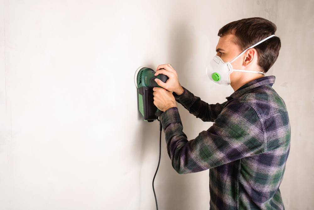Muž s respirátorem brousí sádrokarton pomocí elektrické brusky – ukázka, jak brousit sádrokarton a čím brousit sádrokarton při dokončovacích pracích.