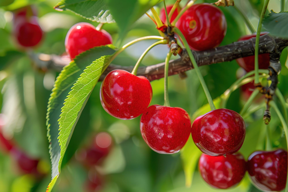 Zralé červené třešně rostoucí na větvi třešně po správně provedeném řezu třešní