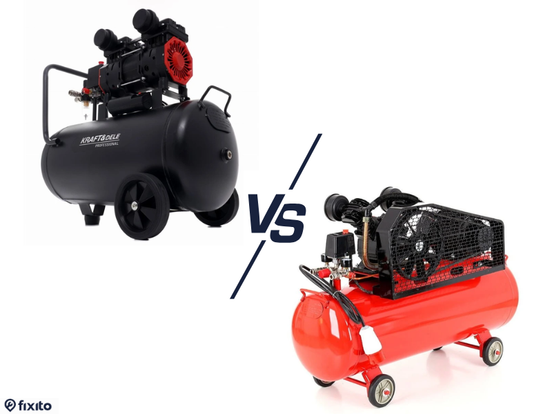 Černý a červený vzduchový kompresor postavené proti sobě s nápisem VS uprostřed při srovnání Olejový vs bezolejový kompresor.