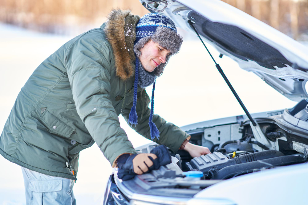 Řidič v zimě kontroluje autobaterii pod kapotou auta, protože má problém se startováním v mrazu