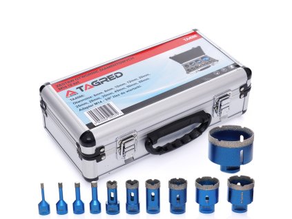 Diamantové korunky do keramiky, kamene, gresu, obkladů 6, 8, 10, 12, 20, 25, 28, 35, 45, 50, 68mm M14, kufřík, adaptér, sada 12 ks