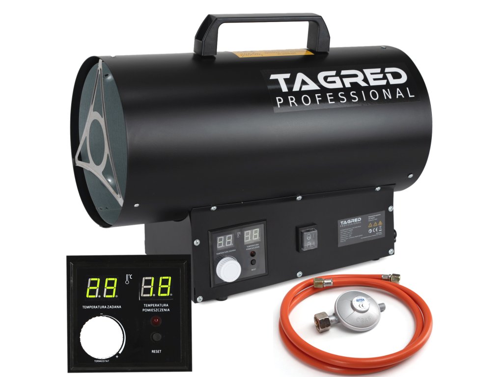 Plinski grijač zraka TAGRED 15kW s termostatom i LCD zaslonom, crijevo, redukcija