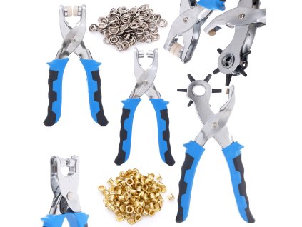 Set pentru marocherie, perforator, capse, nituțe, inele 128 bucăți