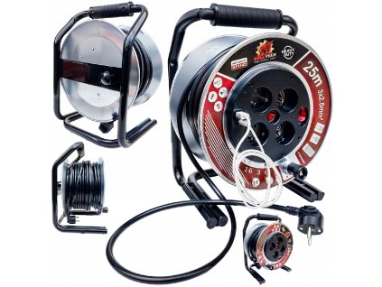 Kovový prodlužovací kabel na bubnu 25m, 3x2,5mm² s USB a USB C1