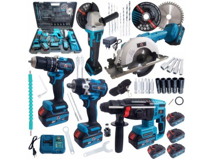 ZESTAW NARZEDZI AKU 21V 4x BAT 5w1 MLOT KLUCZ SZLIFIERKA WKRETARKA PILARKA