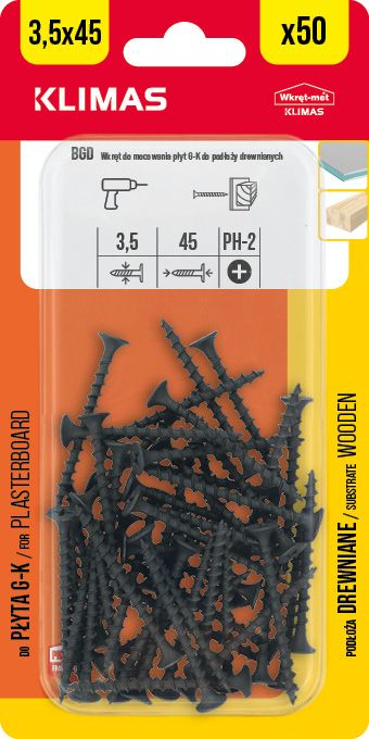 3,5x45mm - 50 ks - Vrut do sádrokartonu a dřeva, BGD