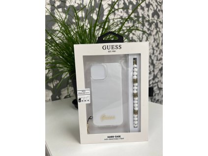 Guess PC Script and White Pearls Zadní Kryt pro iPhone 13 mini Transparent