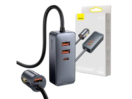 Nabíječka do auta Baseus Share Together s prodlužovacím kabelem, 3x USB, USB-C, 120W (šedá)