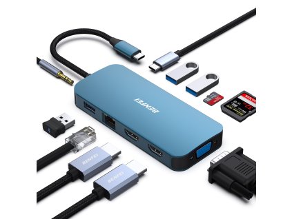 BENFEI USB-C HUB 11v1: HDMI, VGA, USB 3.0, Ethernet, Power Delivery, SD/TF čtečka a AUX (modrý)
