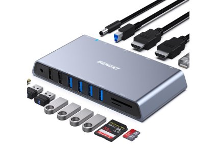 BENFEI USB-C HUB 12v1: HDMI, USB 3.0, SD/TF čtečka, Ethernet a audio (šedá)