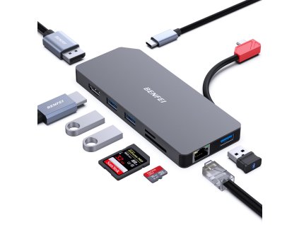BENFEI USB-C HUB 9v1: HDMI, DisplayPort, USB-A, USB-C, SD/TF čtečka a Ethernet (černý)