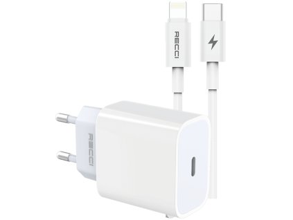 Sada Recci 20W USB-C adaptér s nabíjecím a datovým USB-C kabelem s konektorem lightning RCK-16ECL - Bílá